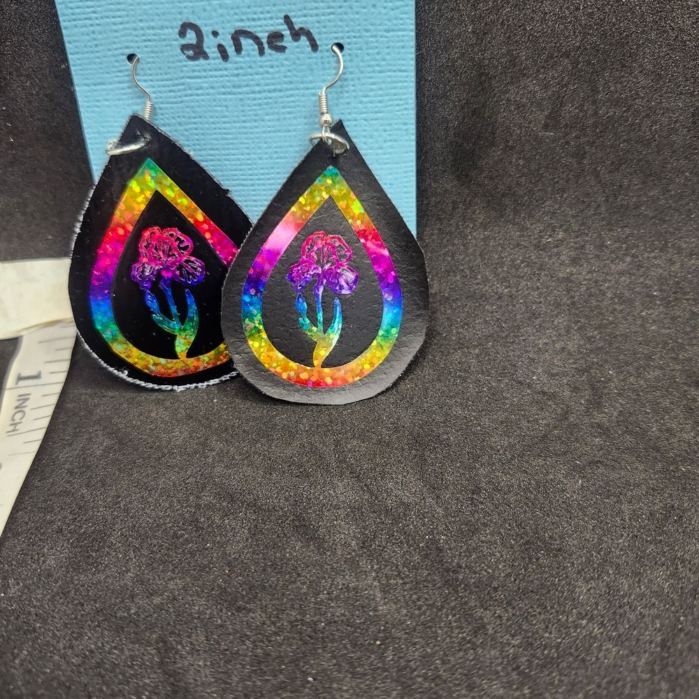 Hand Crafted Dangle Earring Faux Leather Holographic Teardrop Floral
